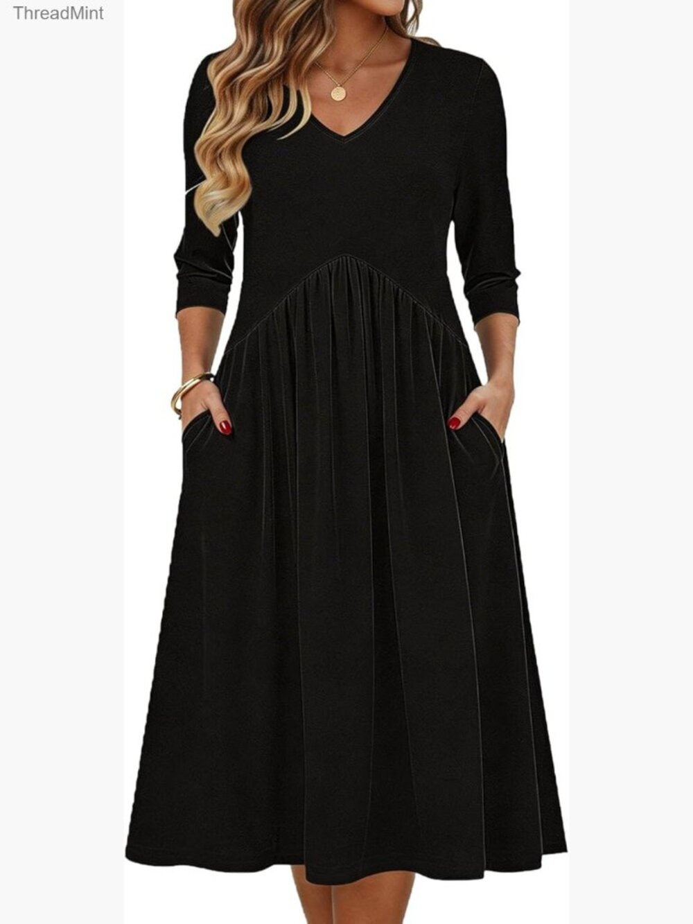3/4 Sleeve Empire Waist Midi Dress with Pockets Flowy A-Line Casual